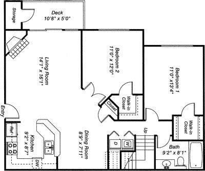 Floor plan for 2 beds, 1 bath, 979 sqft
